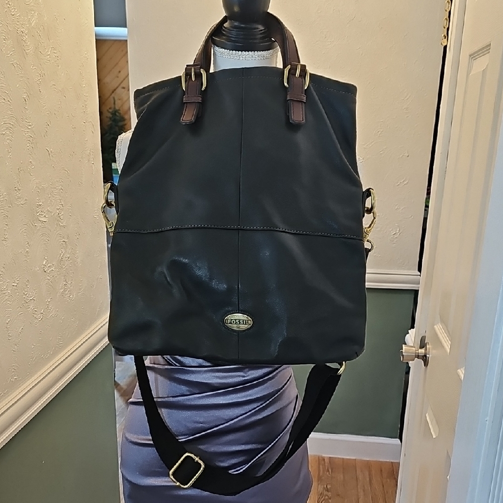 Fossil Vtg Explorer Black Leather Fold Over Messenger Tote Shoulder Bag